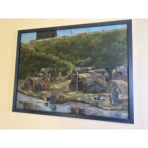 Original handmade oil on canvas-depicting rural or village scene, signed